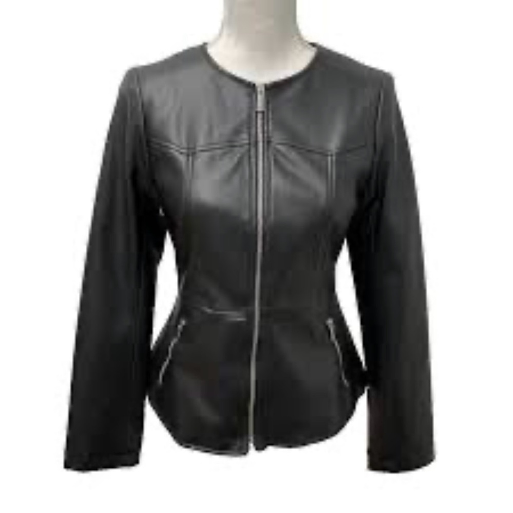 Zara Black Faux Leather Peplum Jacket – Size Large – Mint Condition – Silver Zip